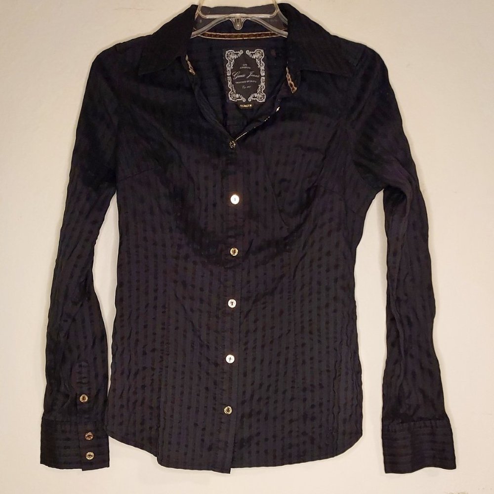Vintage Guess Jeans Black Stretch Cotton Blouse, Buttons in Back, Size Small